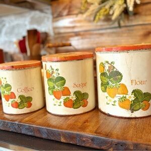 Vintage Strawberry Canister Set - Coffee Sugar Flour - Cream and Orange